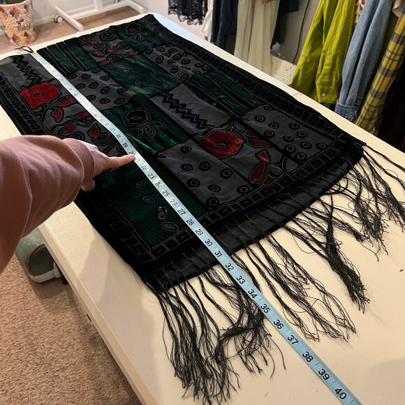 Whimsygoth Red Green Velvet Semi Sheer Fringe Trim Floral Wrap Scarf - Picture 9 of 10